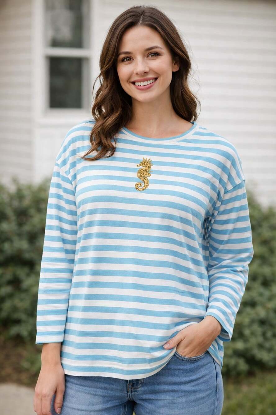 Lilly Pulitzer Striped Tina Top with Gold Sequin Seahorse S